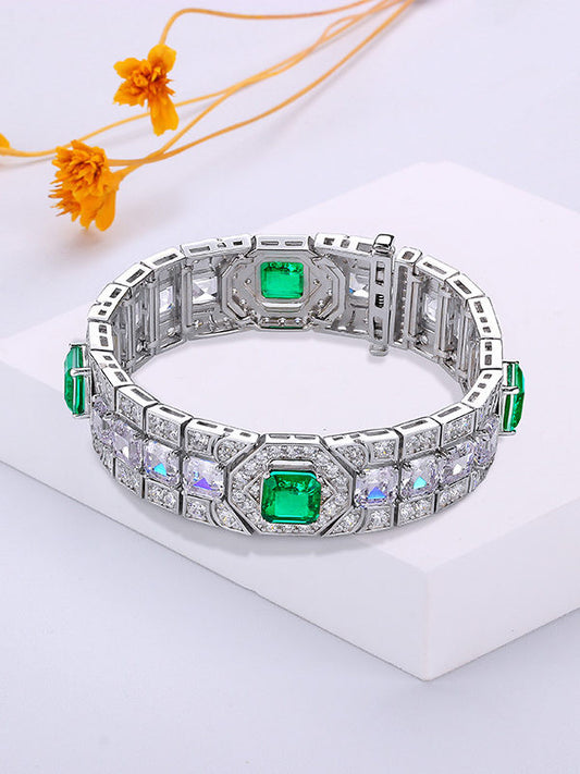 Ifmall S925 Silver Bracelet Cushion Emerald Zircon 2019