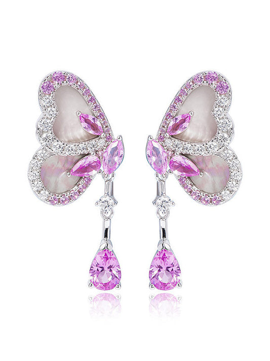 Ifmall S925 Silver Earrings Pink Red Corundum Butterfly 3027