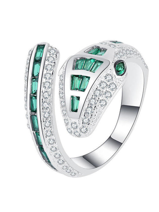 Ifmall S925 Silver Emerald Serpent Ring Opening Adjustable Size 1005