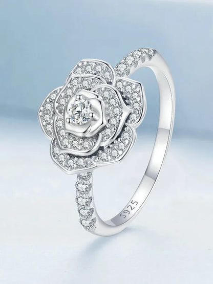 Ifmall S925 Silver Fashion Ring Rose Flower Platinum Plated 1044