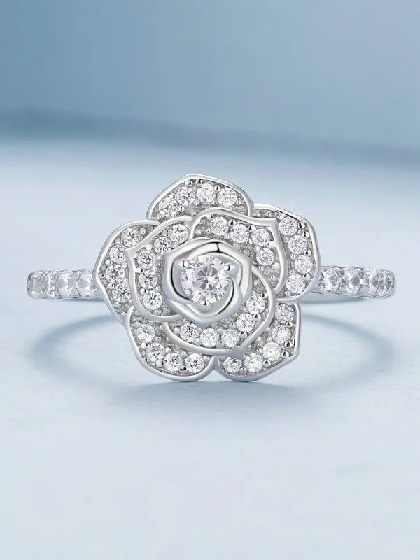 Ifmall S925 Silver Fashion Ring Rose Flower Platinum Plated 1044